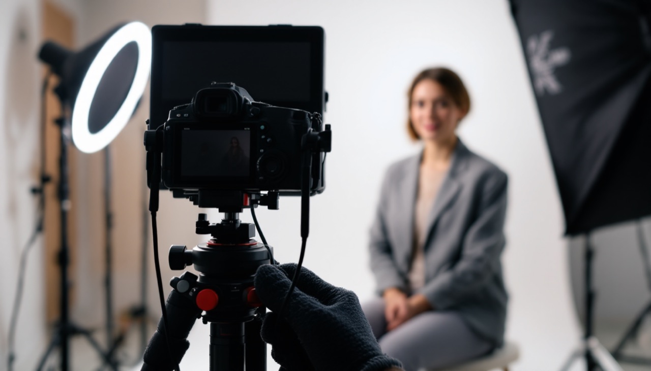 Creator filming vertical short-form social content in a 4K studio on the French Riviera
